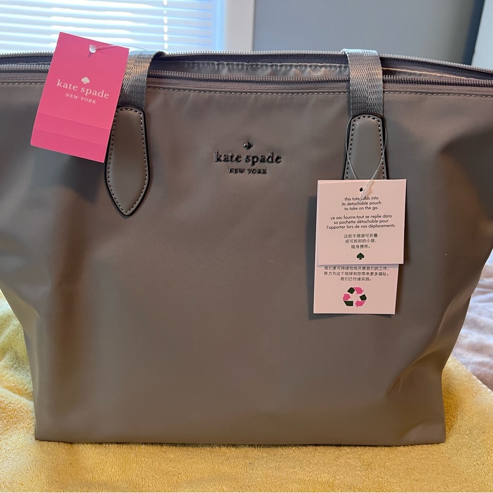 NWT Kate spade nylon  grey tote with detachable pouch